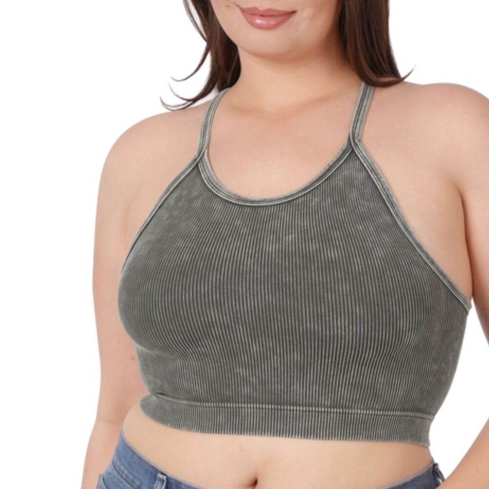 Zenana Womens Plus 1X 2X Sports Bra Cami Tank Black Gray Washed Ribbed NEW